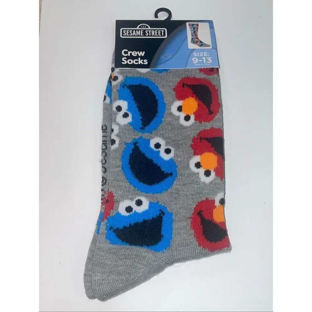 Sesame Street Elmo & Cookie Monster Gray Crew Socks Unisex One Size